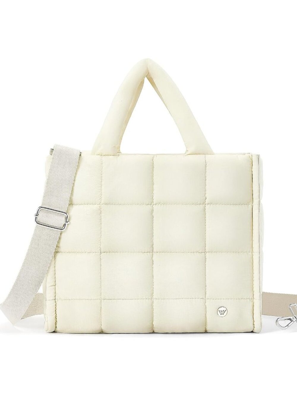 Women's White Quilted Zipper Tote Bag Puffy Weekender Overnight Nylon Shoulder